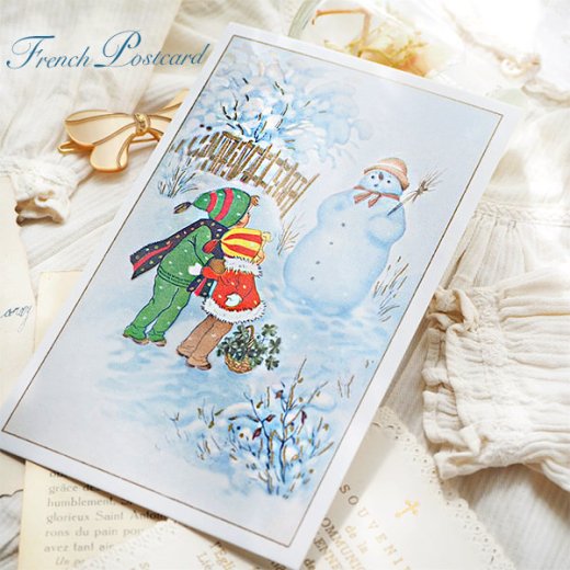 フランス クリスマスポストカード 雪だるま 幼子 幸せの四葉クローバー【画像6】