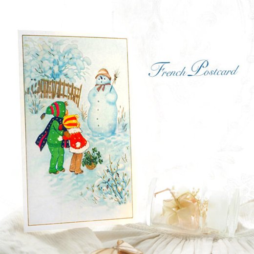 フランス クリスマスポストカード 雪だるま 幼子 幸せの四葉クローバー【画像7】