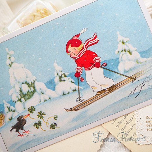 フランス クリスマスポストカード スキー 女の子 幸せの四葉のクローバー【画像2】