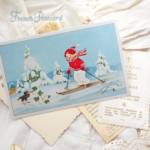 フランス クリスマスポストカード スキー 女の子 幸せの四葉のクローバー【画像3】