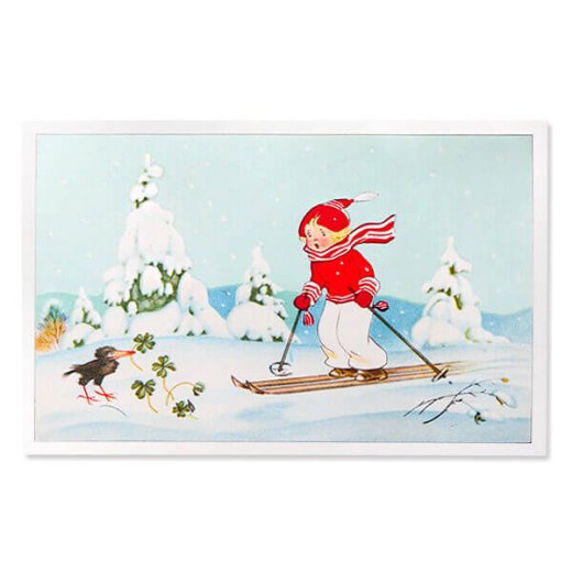 フランス クリスマスポストカード スキー 女の子 幸せの四葉のクローバー【画像4】