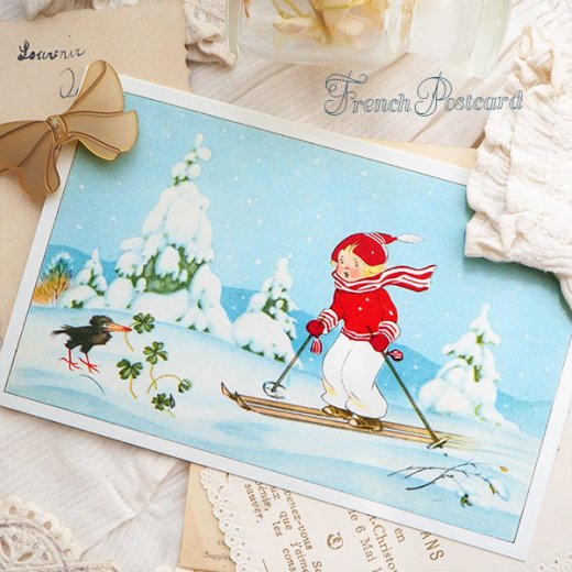 フランス クリスマスポストカード スキー 女の子 幸せの四葉のクローバー【画像8】