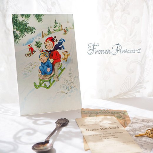 フランス クリスマスポストカード ソリ遊び ベア人形【画像4】