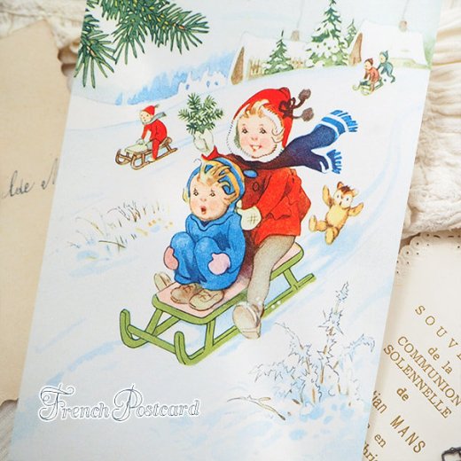 フランス クリスマスポストカード ソリ遊び ベア人形【画像8】