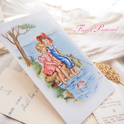 フランス ポストカード 少年 少女 釣 海辺（du temps ensemble）【画像5】
