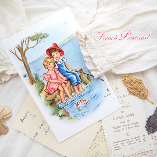 フランス ポストカード 少年 少女 釣 海辺（du temps ensemble）【画像6】