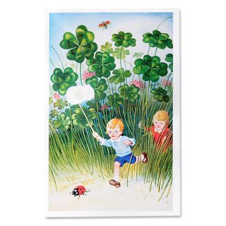 絵本・挿絵系 フランス ポストカード 幸福の四葉のクローバー 幸せの象徴てんとう虫（petit aventurier）