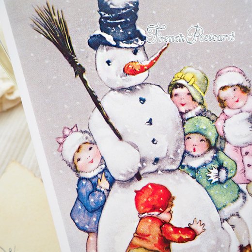 フランス クリスマスポストカード 雪だるま 幼子 ほうき シルクハット（personne populaire）【画像3】