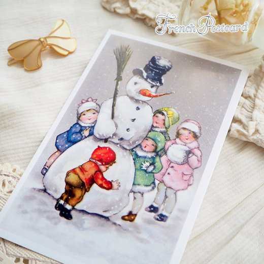 フランス クリスマスポストカード 雪だるま 幼子 ほうき シルクハット（personne populaire）【画像7】
