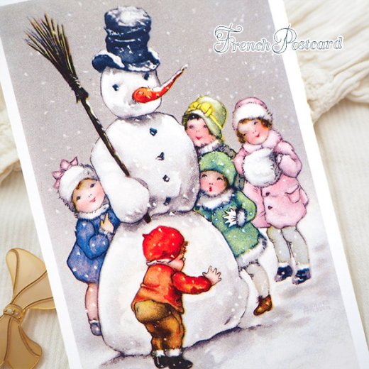 フランス クリスマスポストカード 雪だるま 幼子 ほうき シルクハット（personne populaire）【画像8】