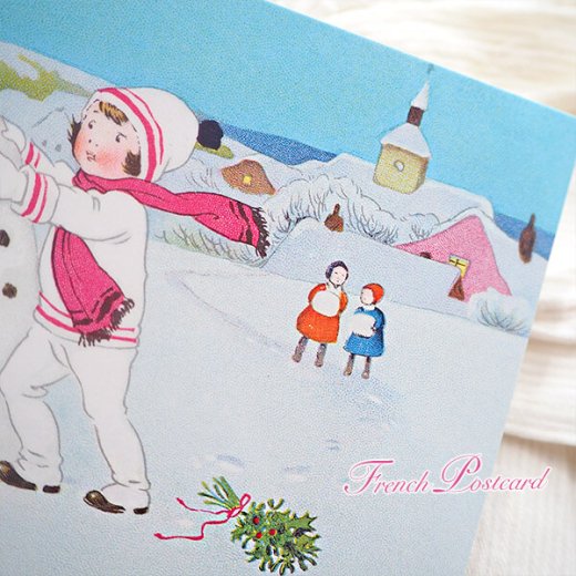 フランス クリスマスポストカード 雪だるま マフラー 女の子（Oops）【画像7】