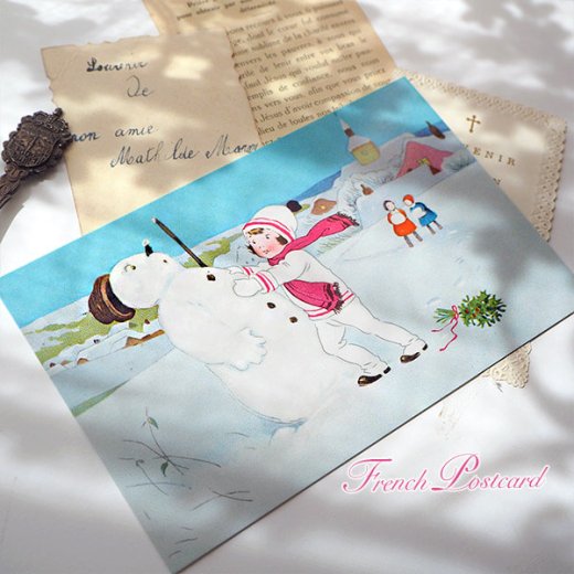 フランス クリスマスポストカード 雪だるま マフラー 女の子（Oops）【画像8】