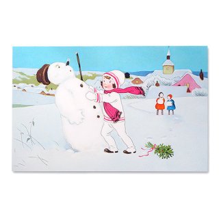 フランス ポストカード/挿絵系 フランス クリスマスポストカード 雪だるま マフラー 女の子（Oops）