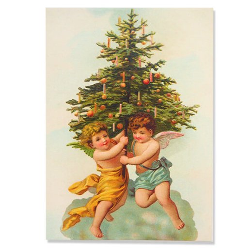  ドイツ直輸入！ 【大判】クリスマスポストカード エンボス加工 復刻 （クリスマスツリーを運ぶ天使）【画像1】