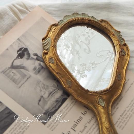 ドイツ 木製 ヴィンテージ 手鏡（ゴールド）