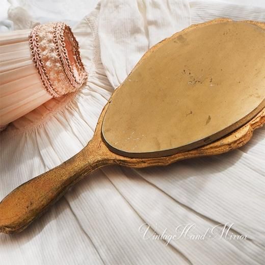 ドイツ 木製 ヴィンテージ 手鏡（ゴールド）