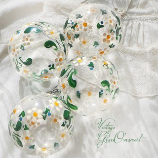 【単品販売】ドイツ 蚤の市より ヴィンテージ ハンドペイント クリスマス ガラスオーナメント ホワイト・グリーン（白い花 ）