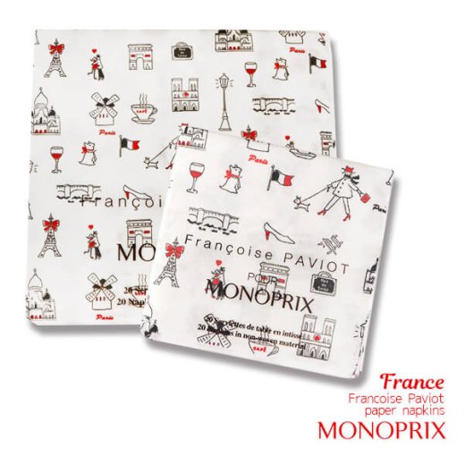 【バラorセット売り】フランス直輸入！MONOPRIX × Francoise PAVIOT ペーパーナプキン 40cm・24cm（エッフェル塔  凱旋門 サクレクール寺院 ノートルダム大聖堂）