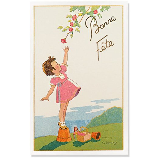  フランス ポストカード お祝い バラ ローズ お人形 少女 幼子 ピンクワンピース（Bonne FeteG）【画像1】