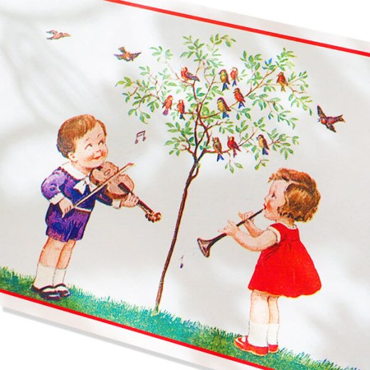 フランス ポストカード 幼子 小鳥の楽譜 バイオリン ラッパ（Partition petit oiseau）【画像2】
