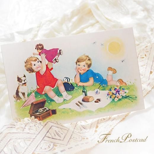 Bernard Charoy、Annabel、希少画集画、新品額装付 フランス ポストカード 訪問 お祝い 少女 幼子 小鳥 犬 春～初夏