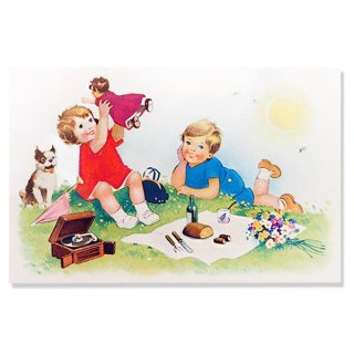絵本・挿絵系 フランス ポストカード お人形 犬 幼子 花束 ピクニック（Pique-nique）