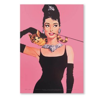 フレンチ ポストカード オードリー・ヘップバーン ティファニーで朝食を E ピンク ネコ 猫（Breakfast at tiffany AUDREY  HEPBURN）