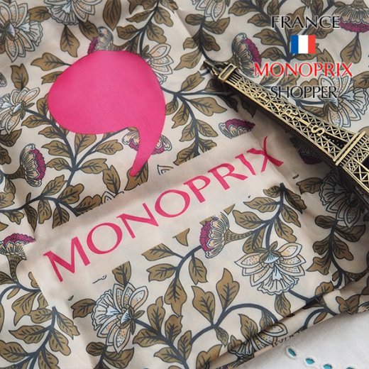 【フランス直輸入！】 MONOPRIX モノプリ エコバッグ【ボタニカル フラワー柄 MONOPRIX ピンクロゴ】