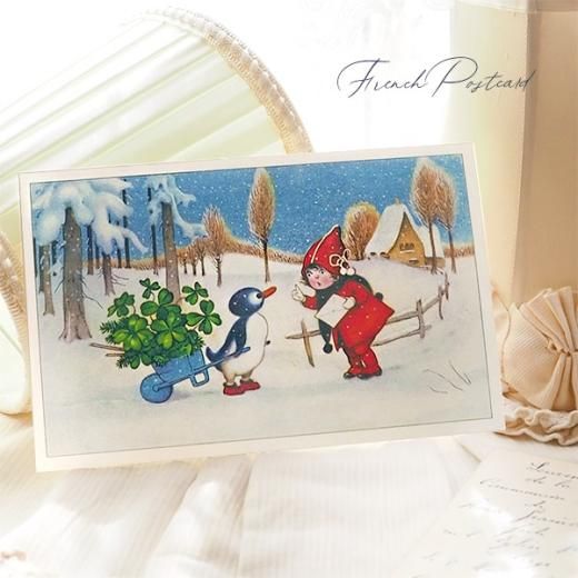 フランス クリスマスポストカード 幼子 ペンギン 幸せの四つ葉の