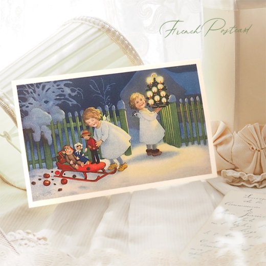 フランス クリスマスポストカード 天使 お人形 プレゼント クリスマス