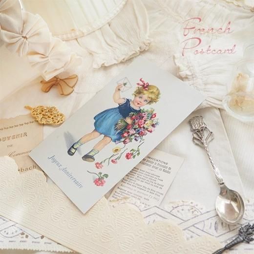 フランス ポストカード 手紙 リボン 幼子 花束 お誕生日