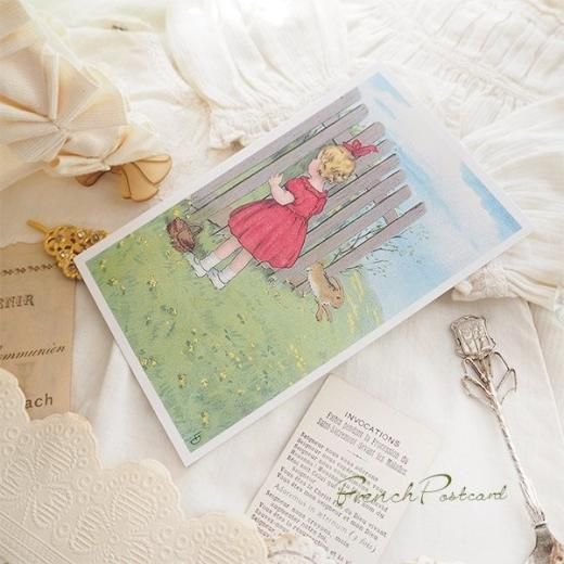 フランス ポストカード うさぎ 幼子 女の子 リボン パニエ（イースター