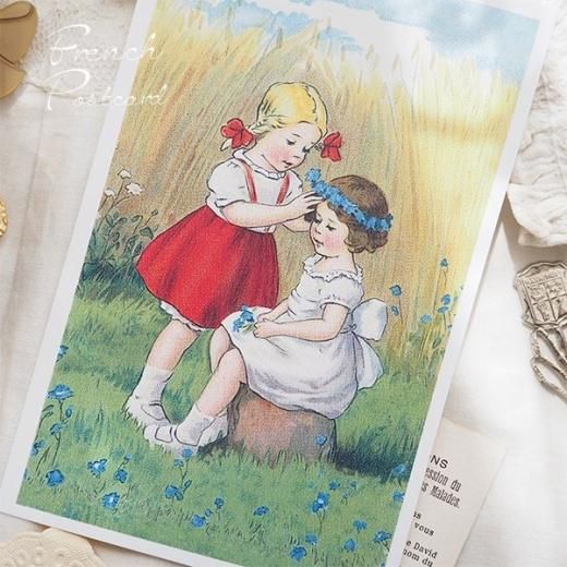 フランス ポストカード 女の子 幼子 花冠 リボン 花の頭飾り