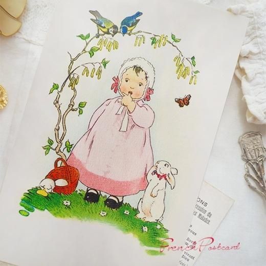 アンティークポストカード　イースターのウサギとお揃いワンピの可愛い少女たち Antique postcard イースターのウサギとお揃いワンピースの