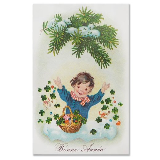 フランス クリスマスポストカード 幸せの四つ葉のクローバー 幸せの蹄鉄 あけましておめでとう 年賀状（Bonne Annee W）