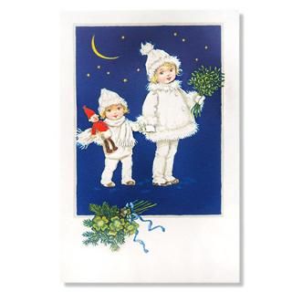 フランス クリスマスポストカード 男の子 女の子 幸せの四つ葉の