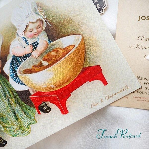 フランス ポストカード 幼子 レース ドット柄 お菓子作り チョコレート