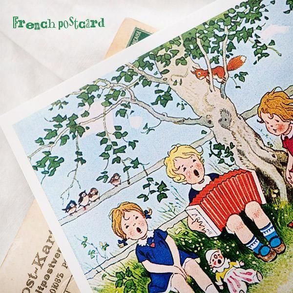 フランス ポストカード 春夏 アコーディオン リス お花 お人形 小鳥