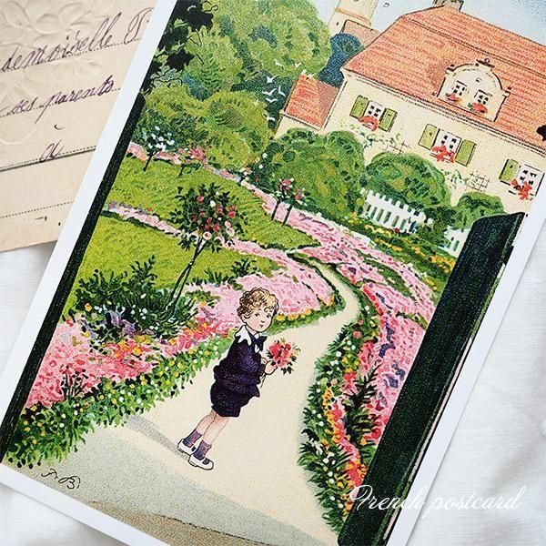 フランス ポストカード バラ お庭 お花摘み 男の子 （Bouquet de fete）