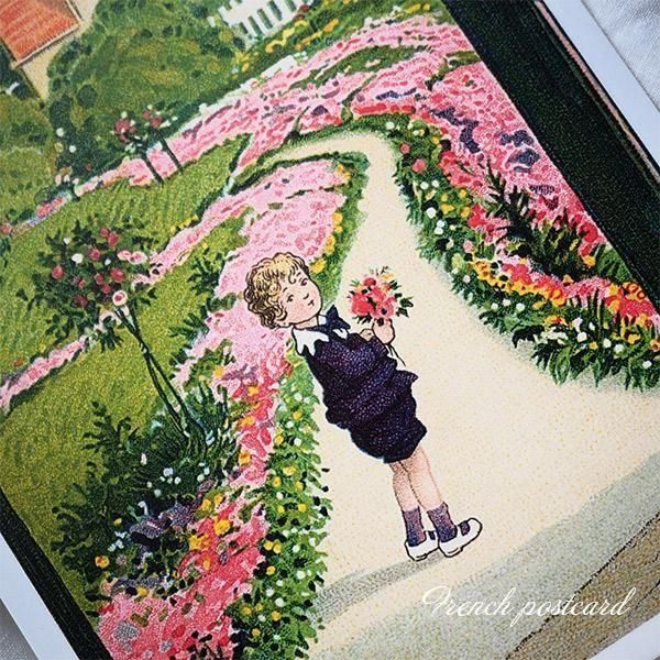 フランス ポストカード バラ お庭 お花摘み 男の子 （Bouquet de fete）