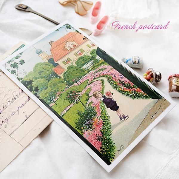 フランス ポストカード バラ お庭 お花摘み 男の子 （Bouquet de fete）