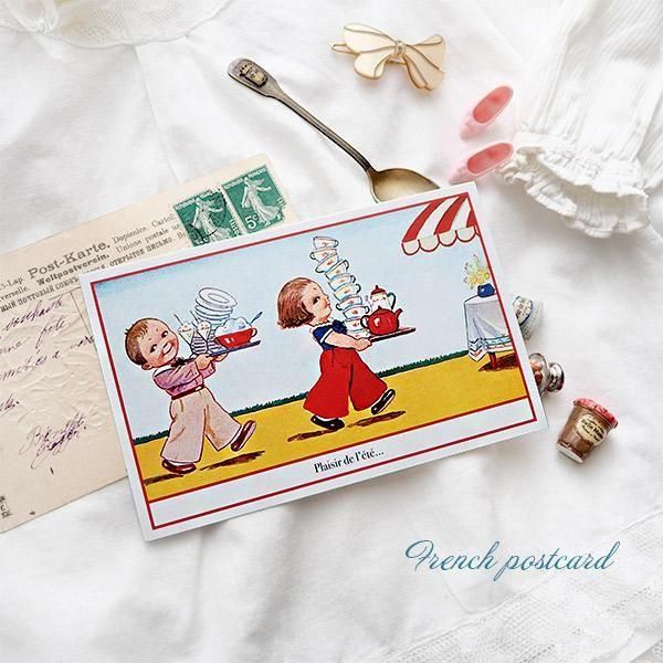 フランス ポストカード 幼子 ティータイム 紅茶 パラソル 夏