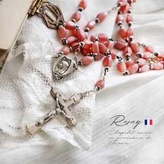 【送料無料 フランス直輸入】フランス製 1950年代 くすみピンク シルバー 聖母マリア キリストデッドストック アンティークロザリオ（ Rosaire Fraise ）