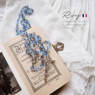  【送料無料 フランス直輸入】フランス製 1950年代 ブルーガラスロザリオ 聖母マリア キリスト デッドストック 不思議のメダイ アンティークロザリオ（Rosaire Céleste）