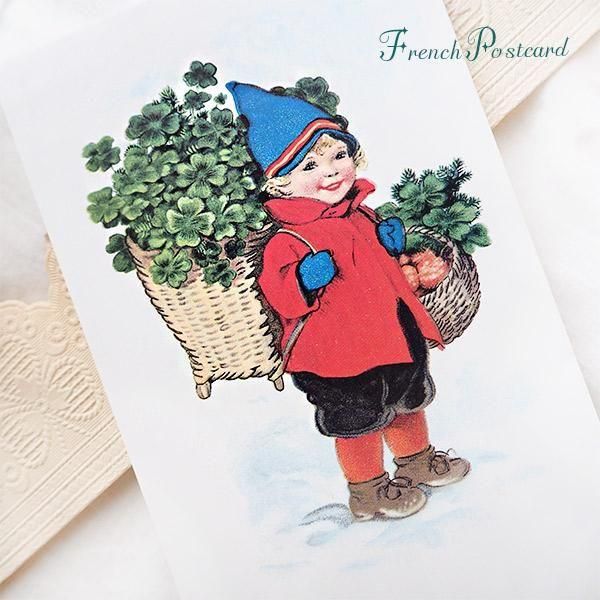 フランス クリスマスポストカード 年賀状（幸せを運ぶクローバー