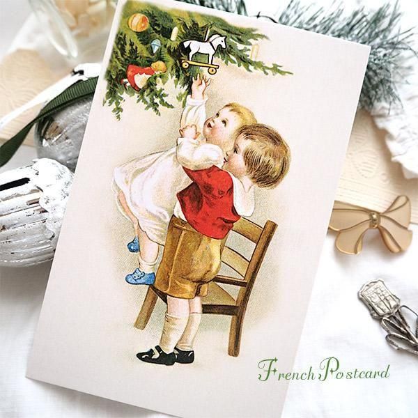 アンティークフレーム（BIRGITのミニカード/ツリーを飾る女の子とトムテ♪） フランス クリスマスポストカード 年賀状（クリスマスツリーを