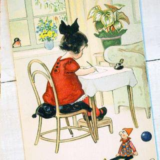 フランス 雑貨 フランスポストカード  手紙 女の子 お人形 小鳥（Une letter A）
