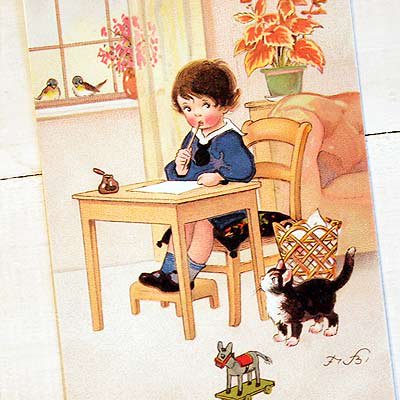 フランスポストカード 手紙 男の子 猫 キャット 小鳥（Une letter B）【画像1】