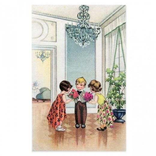 フランスポストカード 幼子3人 バラ ローズ 花束 （avoir une fille a