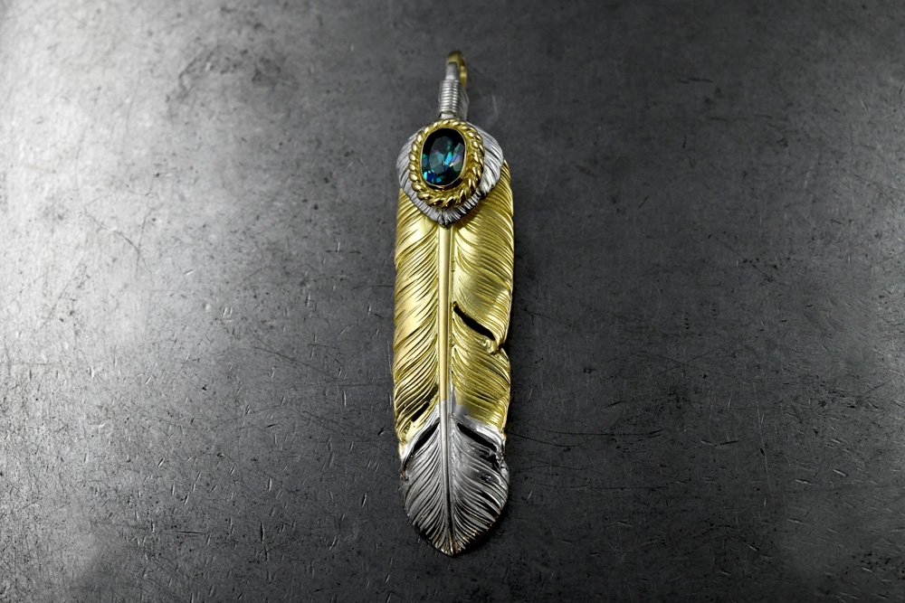 Medium size feather,  silver heart feather /   Rainbow topaz